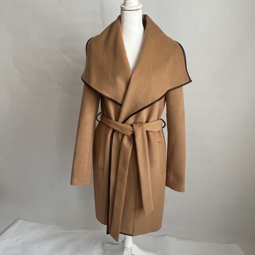 Wrap Camel Color Coat with Brown Trim
